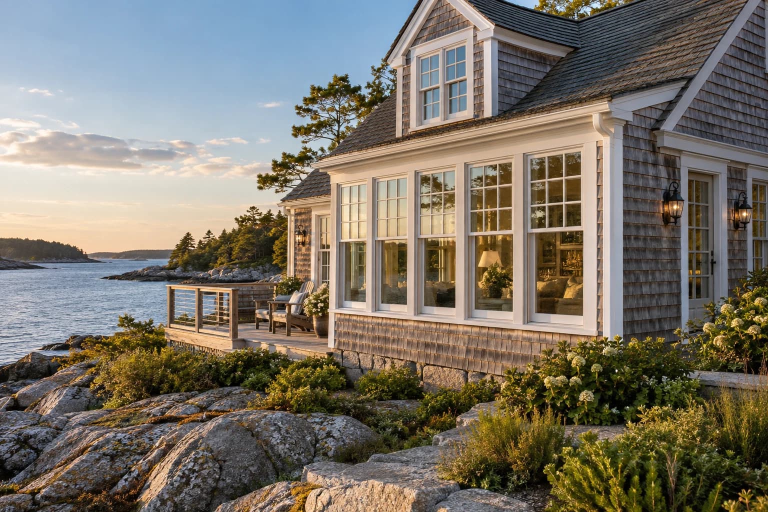 New England coastal Cape home with cedar siding, white-trimmed windows, and views across the water